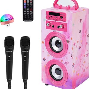 DYNASONIC Portable Karaoke (025-15 Light) Karaoke Machine with 2 Microphones, Bluetooth Speaker, USB Light Included, USB and SD Reader, Exclusive Design, Original Gift