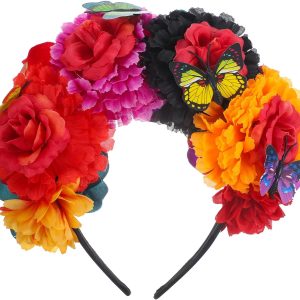 Valiclud Artificial Flowers Headband with Butterflies for Women Soft and Comfortable Accessory Ideal for Day of the Dead Halloween Party