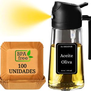 2 in 1 Oil Spray + Set of 100 Air Fryer Paper 20 cm, Oil Spray and Oil Dispenser Kitchen 470 ml Glass for Air Fryer, BBQ and Salads