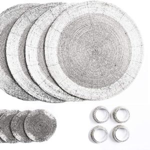 Penguin Home® Juego de 12 manteles individuales con cuentas de cristal, posavasos y servilletas, color plateado, manteles individuales redondos, diámetro de 32 cm