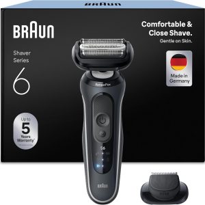 Braun Series 6 Men’s Electric Shaver, Wet & Dry Shaver, 2 Shaving Modes, 60 Min Use, Quick Charge, Precision Trimmer, Travel Case, 62-G1200SI, Grey