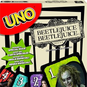 Mattel Games UNO Beetlejuice Beetlejuice Playing Cards for Kids, Adults and Family with Deck and Special Movie Inspired Ruler