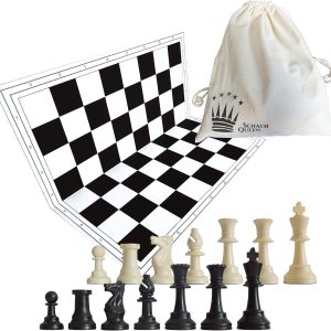 SchachQueen Chess Set and Pieces and Cotton Rope Bag, White and Black, King Height 97 mm and Field Size 57 mm