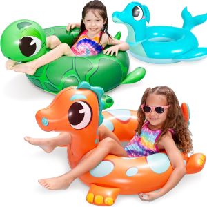 3 Giant Inflatable Floats for Kids, 32″ Pool Float Dinosaur & Sea Turtle & Dolphin Swimming Ring, Inflatable Pool Mat Beach Toys
