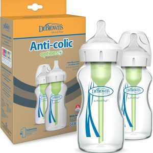 Dr. Brown’s Pack of 2 Glass Options Anti-Colic Bottles + 270 ml Wide Mouth – Patented System with Internal Ventilation – With Teat Level 1 of Slow Flow +0 Months – Medical Silicone and BPA Free