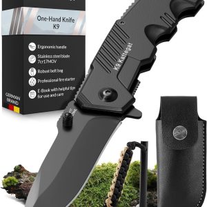 BERGKVIST® K9 Folding Knife – Sharp Multipurpose Knife for Survival or Hunting – with Black Stainless Steel Blade, Fire Steel and Belt Sheath