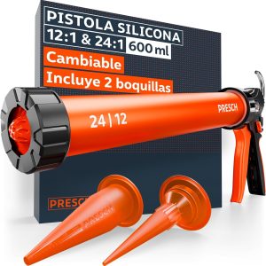 Presch Silicone Gun 600 ml incl. 2 Nozzles – Sausage Gun 24:1 & 12:1 for Sealants and Adhesives (Acrylic, Silicone, PU) – 360° Swivel with Non-Slip Grip