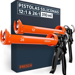 Presch 26:1 & 12:1 Silicone Gun Set with Leakproof – For Cartridges up to 310 ml (Acrylic, Silicone, High Adhesion Adhesive) – Holster Gun Swivel 360° incl. Punch Needle