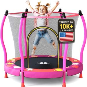 55″ Toddler Trampoline Indoor & Outdoor Playset Ages 1-6, 5FT Kids, Ultra Safe Mini Trampoline for Kids with Safety Enclosure Net, Gifts for Birthday with Basketball Hoop