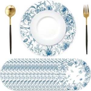 50 Pack Blue and White Disposable Paper Placemats 13 Inch Vintage Blue Floral Placemats Round Decorative Placemats for Table