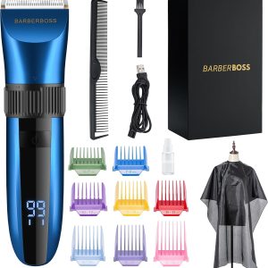 BarberBoss Cordless Self-Sharpening Beard and Hair Trimmer, Waterproof with Ceramic Blades, LED Display, Fast Charging and 8 Color Comb Accessories QR-2082