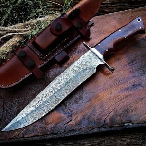 BIGCAT ROAR Patriot – Large Damascus Steel Hunting Knife 35 6 cm – Walnut Wood Handle and Leather Sheath – EDC Craft Bushcraft Mount Field and Survival – Gift Hunters Collectors
