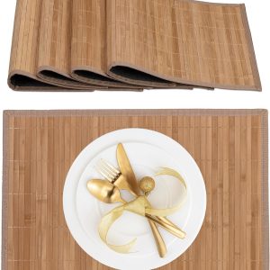Relaxdays Placemats, Set 4, Bamboo, Fabric Edge, Non-Slip, 45 x 30 cm, Dish Coasters, Rectangular, Natural