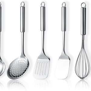 Stainless Steel Kitchen Utensil Set 6 Pieces Includes Metal Spatula Set Skimmer, Ladle, Tong, Whisk Essentials New Home Must Have