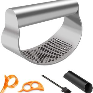 Garlic Crusher, Stainless Steel Garlic Chopper with Silicone Garlic Peeler, Cleaning Brush and Orange Peeler