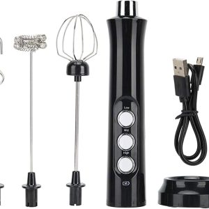 Electric Rechargeable USB Milk Frother 3 Speed, Stainless Steel Hand Foam Blender 3 Heads Whisks, Modern Mini Whisk for Frothing Coffee/Cappuccino/Beating Eggs/Mixing/Matcha/Colacao