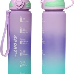 Water Bottle, 1 Litre Sports Water Bottle with Time Marker, BPA-Free Bottle, Leakproof and Reusable, Sports, Cycling, School, Gym, Air (Black White, 1000 ml)