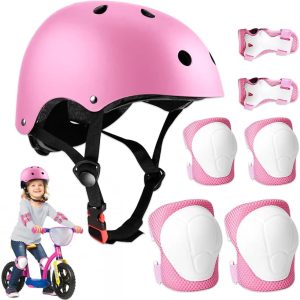 Children’s Bike Helmet, 7 in 1 Set of Adjustable Children’s Protection Knee Pads Elbow and Wrist Guards Safety Pad Protector for Skating, Bicycle, BMX, Skateboard, Hoverboard, Pink