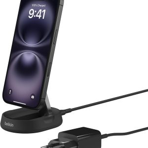 Belkin BoostCharge Pro Wireless Charger Qi2 Compatible with MagSafe, 15W Convertible Fast Magnetic Charging Stand, for Apple iPhone 17, Air, Pixelsnap, AirPods, 20W Adapter – Black