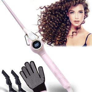 Curling Tongs, 9mm Tourmaline Ceramic Barrel Curling Iron with Adjustable Temperature Display (140℃-200℃), Fine Curling Iron for Long and Short Hair, Contains 1 Glove and 2 Clips