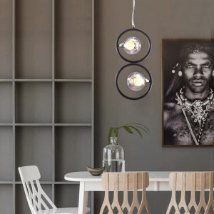 Designer Pendant Light Black 2 Round Ring Cage Like Frame Pendant Lights Iron Glass Sphere Lampshades Adjustable Height Hanging Lamp Decorative Chandelier Loft Luminaire ? 24cm G9 Comfortable