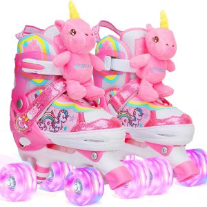 Unicorn Roller Skates for Toddlers, 4 Sizes Adjustable with Shiny Light Up Wheels, Rainbow Quad Skates for Girls, Beginner, Christmas Birthday Gifts