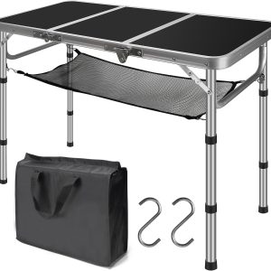 CPROSP Portable Folding Camping Table 90 x 40 cm, Black Outdoor Picnic, Height Adjustable 26-70 cm, with Storage Net, Carry Bag Included Aluminium MDF Table 4 People