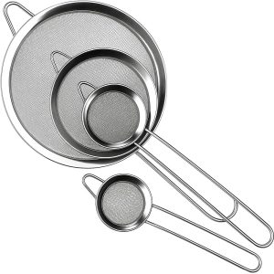 Kitchen Strainer with Handle, Stainless Steel Drainer, Steel Sieve with Handle, Kitchen Sieve, Length 20/25/30/35 cm, Stainless Steel, Pack of 4 Strainers