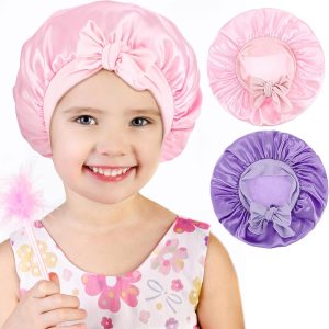 2 Pcs Kids Satin Bonnet Cute Sleep Cap with Bow Baby Beanie Silk Bonnet with Elastic Wide Band Sleep Cap Natural Hair for Girls (Pink + Purple)