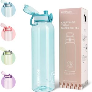 UZSPACE Sports Water Bottle, 1 Litre BPA Free Gym Water Bottle, Leakproof, One Click Opening, Plastic Canteen with Handle for Bicycle, School, Running (Mist Green)