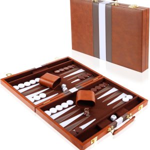 2 Player Backgammon Game, 15 Inch Backgammon Case with Complete Accessories, Portable Travel Back-Gammon Game for Adults (Brown)