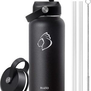 BUZIO 1L Insulated Water Bottle with Straw and 3 Latches, Metal Sports and Office Bottle, Double Vacuum Sealed Easy to Clean, Black