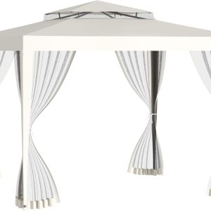 Outsunny Garden Gazebo 3 x 3 m Gazebo with 4 Side Mosquito Nets with Zip, Ventilation Roof and 8 Drainage Holes Gazebo for Terrace Outdoor Patio Beige