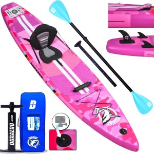 Inflatable Paddle Board with Kayak Seat, 330 x 76 x 15 cm, up to 150 kg, Integrated Pad, Detachable Fin, Double Adjustable Paddle, Repair Kit, Pink