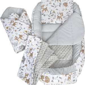 Medi Partners Newborn Baby Nest Cot Reducer – 100 x 60 x 15 Set of 5 Pieces Baby Anti-Colic Bilateral Portable or Travel 100% Cotton (Deer with Grey Minky)