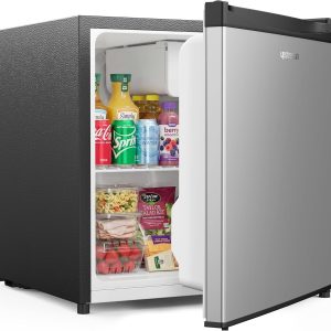 Upstreman Mini Fridge 46L, Mini Fridge, Efficiency, Quiet Small Fridge, 5 Adjustable Temperature Levels, Compact for Office, Bedroom or Kitchen, Mini Bar Stainless Steel FR17
